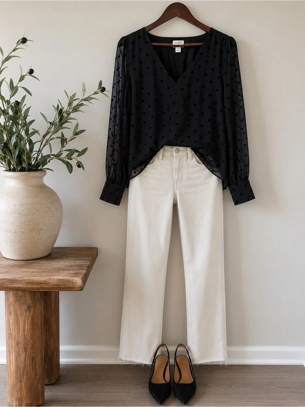 J.Crew | Black Sheer Polka Dot V-Neck Blouse | Size Large